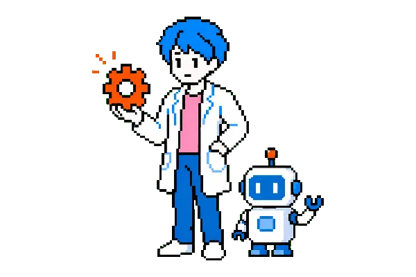 歯車を持った白衣のたむと、小さなロボットのイラスト